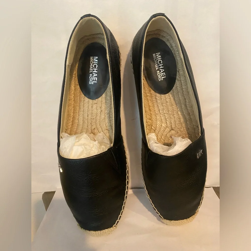 Michael Kors MK logo Black Leather Espadrille Slip-On Flats Size 9M